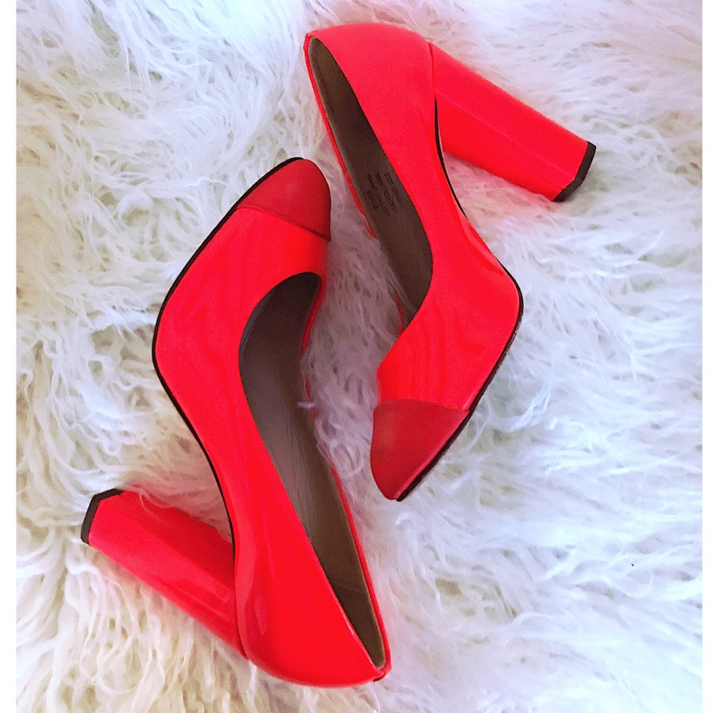 J CREW Etta Cap Toe Fuchsia Orange/Red Block Heels